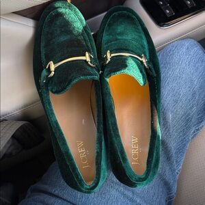 J. Crew Emerald Velvet Loafers with Gold Detail